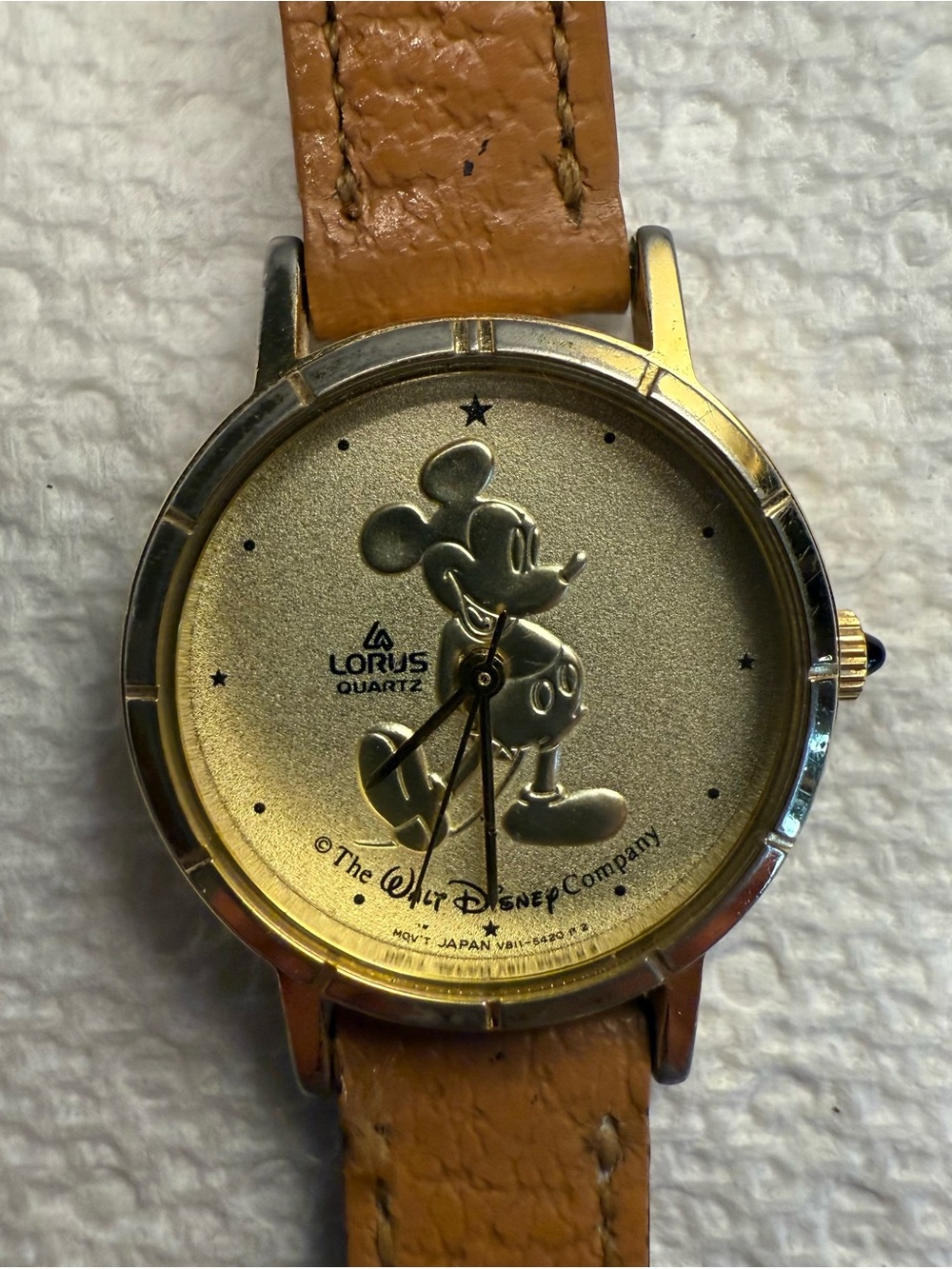 Vintage Disney Lorus Quartz Mickey Mouse Gold Coin Face Watch Faux Leather Band